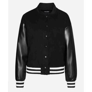 Steve Madden Black Button-Up Ribbed Cuffs Leather Sleeves Jacket Size Small c3